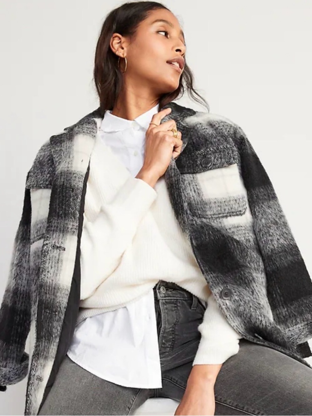 Printed Flannel Long Utility Shacket for Women